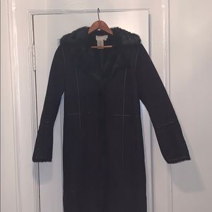 Faux Suede & Fur Maxi Coat w/ Faux Leather Detail